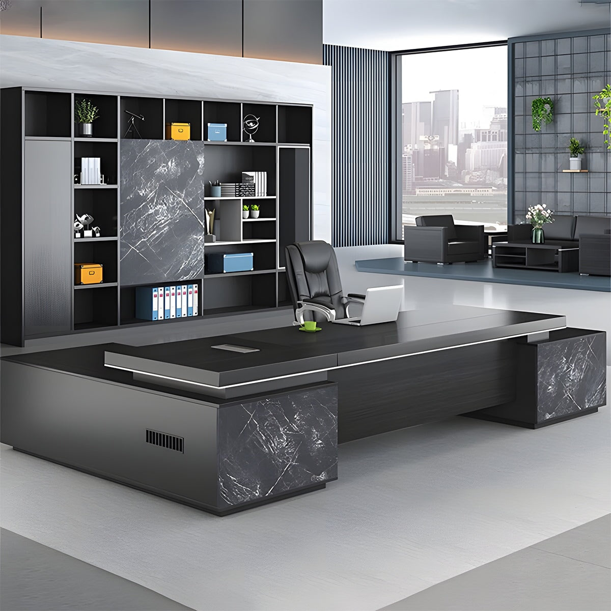 収納棚 ㍶収納 マーブル模様 配線穴ボークス エグゼクティブデスク 役員デスク オフィスデスク パソコンデスク ブラック カスタマイズ可能 LBZ-C122 chickagu