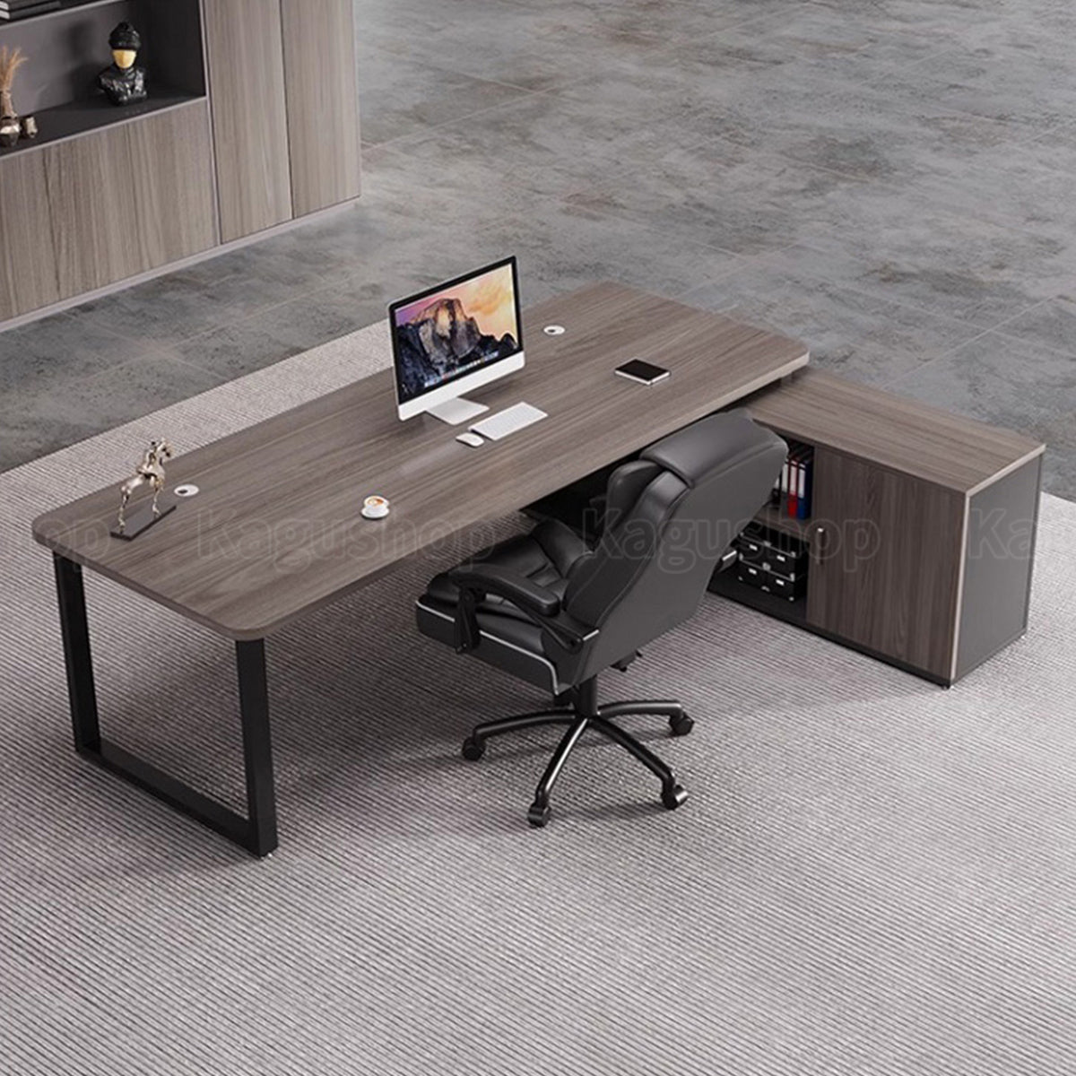 社長デスク エグゼクティブデスク オフィスデスク エコ素材 R加工 配線孔付き 幕板付き 通気孔付き サイドキャビネット オープン収納 LBZ-S012