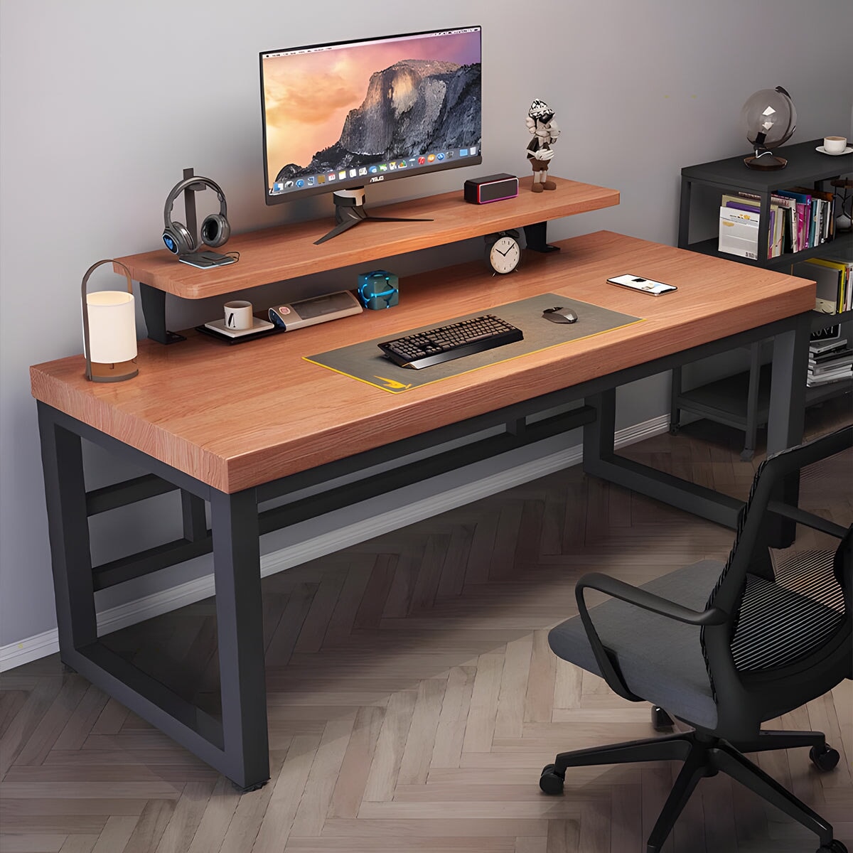 デスク インドア 室内 パソコンデスク 天然木 広い天板 分厚い モニター置き棚 炭素鋼フレーム 頑丈 口字型 安定性 落ち着き 重厚感 SNZ-C040 chickagu