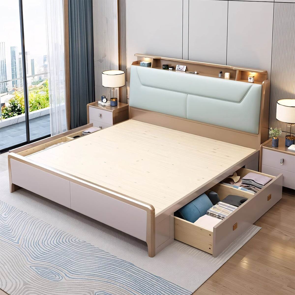 ベッド 二人用 キング サイズ ヘッドボード 柔らか クッション付き 引き出し すのこ 天然木 収納 BED-C039 chickagu