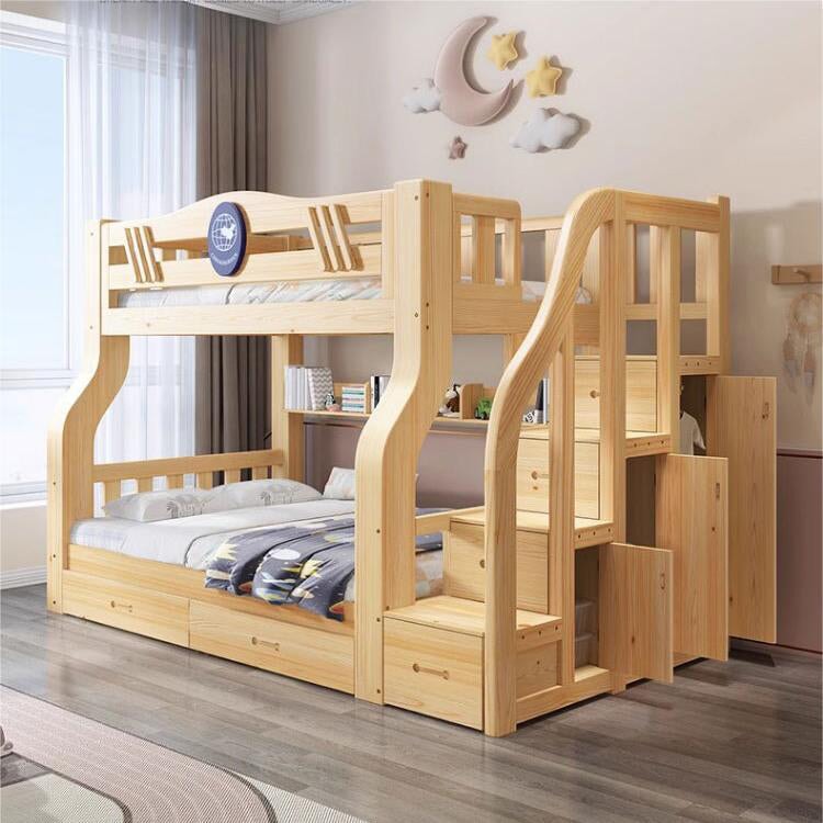 二段ベッド　二段　ベッド　子供用　収納　引き出し　収納棚　木目調　天然木　ベッドガード　はしご　階段　手すり付き　角丸加工　機能的　使い勝手