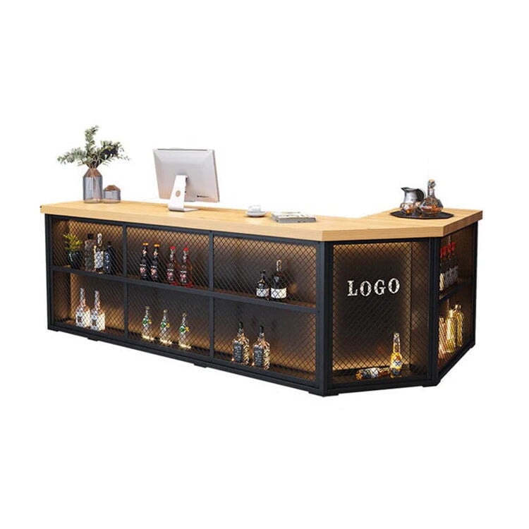 L型 LEDライト付き ショーケース付き 受付カウンター バーカウンター 受付台 カウンターテーブル 無垢材 収納棚 ブラック カスタマイズ可能 JDT-C026 CHICKAGU