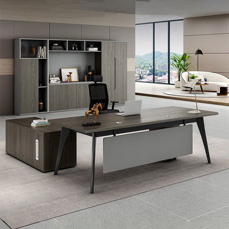 オフィスデスク L字デスク 社長デスク 役員用デスク 炭素鋼脚 配線穴付き サイドワゴン 幕板付き ウォールナット カスタマイズ可能 LBZ-C013 CHICKAGU