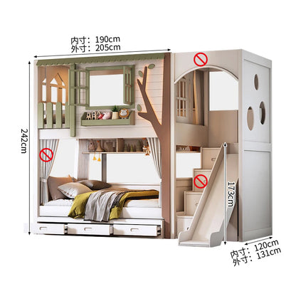 二段ベッド　キッズベッド　木製二段ベッド　子供部屋用家具　ツリーハウスデザイン　厚手マツ無垢床板　落下防止全方位保護　高い耐荷重　ホワイト　SCC-S079
