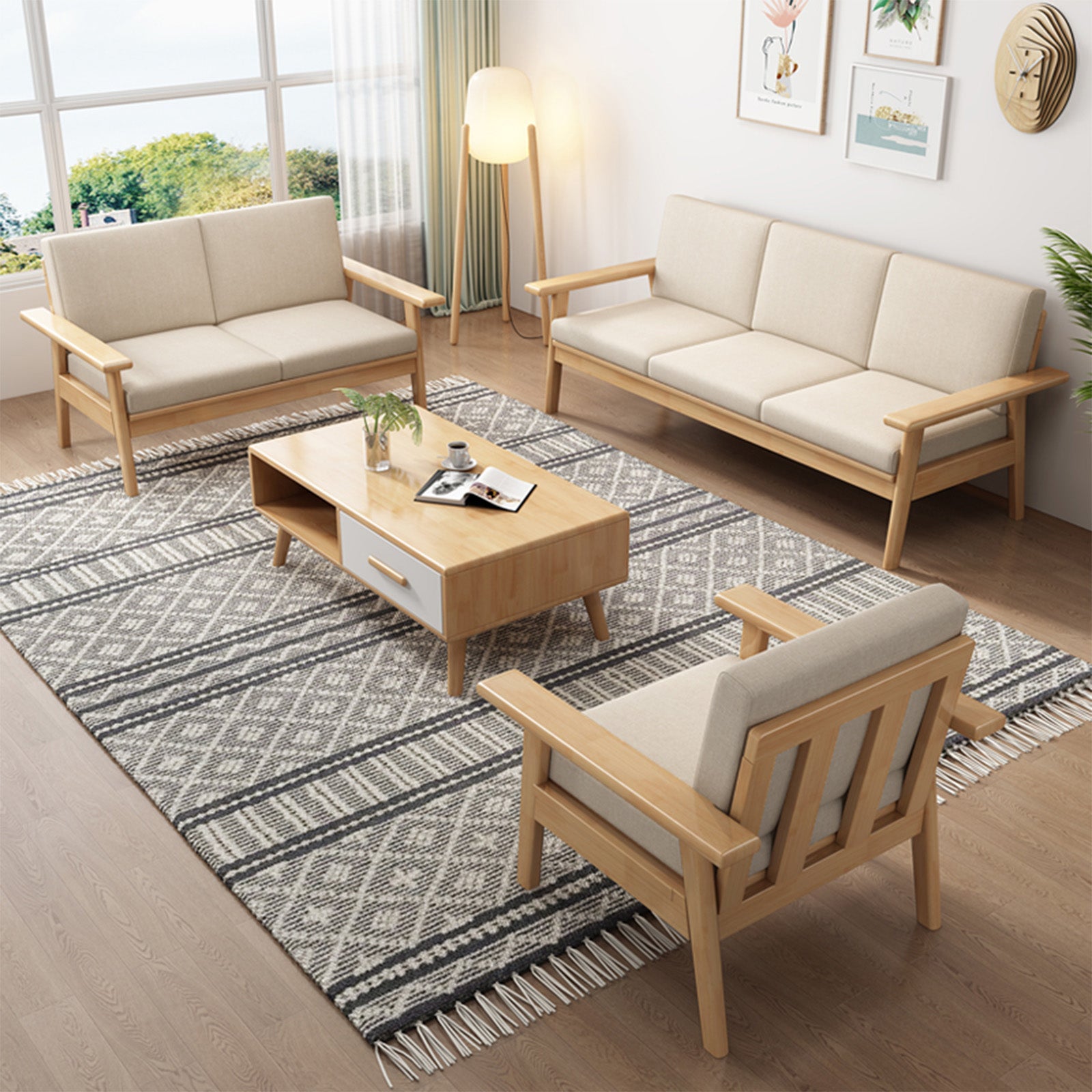 インテリアソファ　リビングソファ　天然木　冬夏兼用　ウレタンフォーム　 綿麻　R加工　シンプル　自然　ホワイト　カスタマイズ可能　SNSF-C176