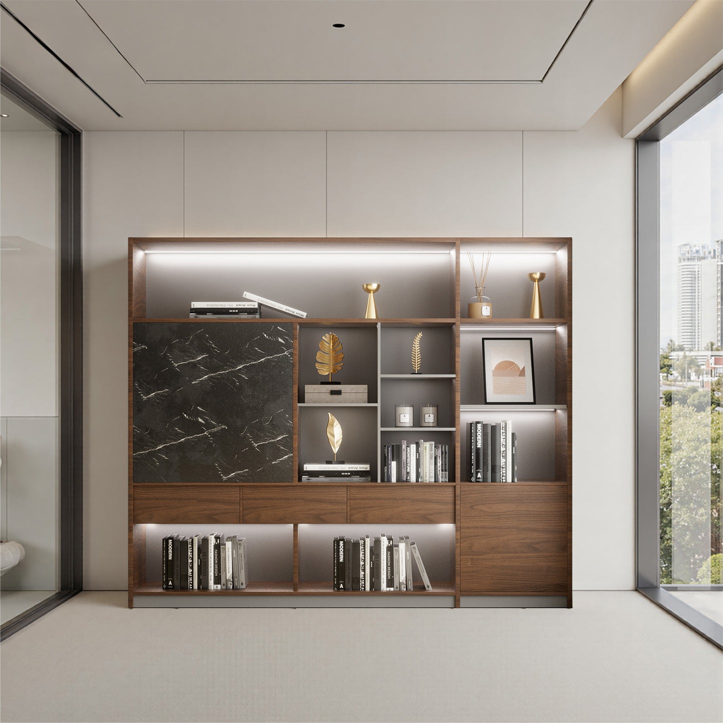 オフィス収納キャビネット　事務所　オフィス家具　収納棚　木製書庫　本棚　木製　収納　LEDライト　高品質　木目調　ウォールナット　SZ-SG-S01