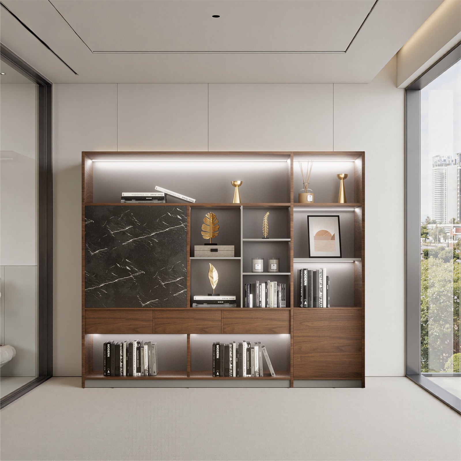 オフィス収納キャビネット　事務所　オフィス家具　収納棚　木製書庫　本棚　木製　収納　LEDライト　高品質　木目調　ウォールナット　SZ-SG-S01