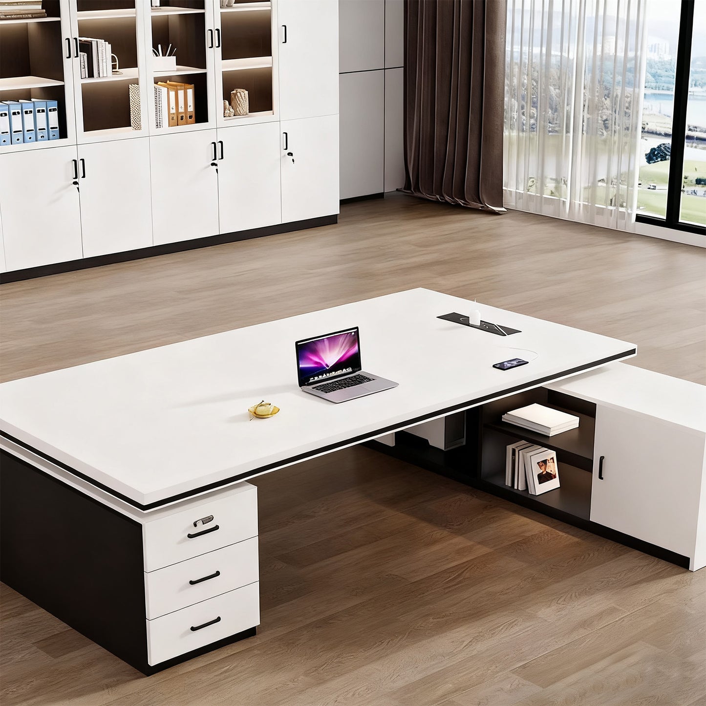 オフィスデスク　ワークデスク　パソコンデスク　デスク　会社用　エコ素材  パネル　配線孔　キャビネット　シンプル　BGZ-C105