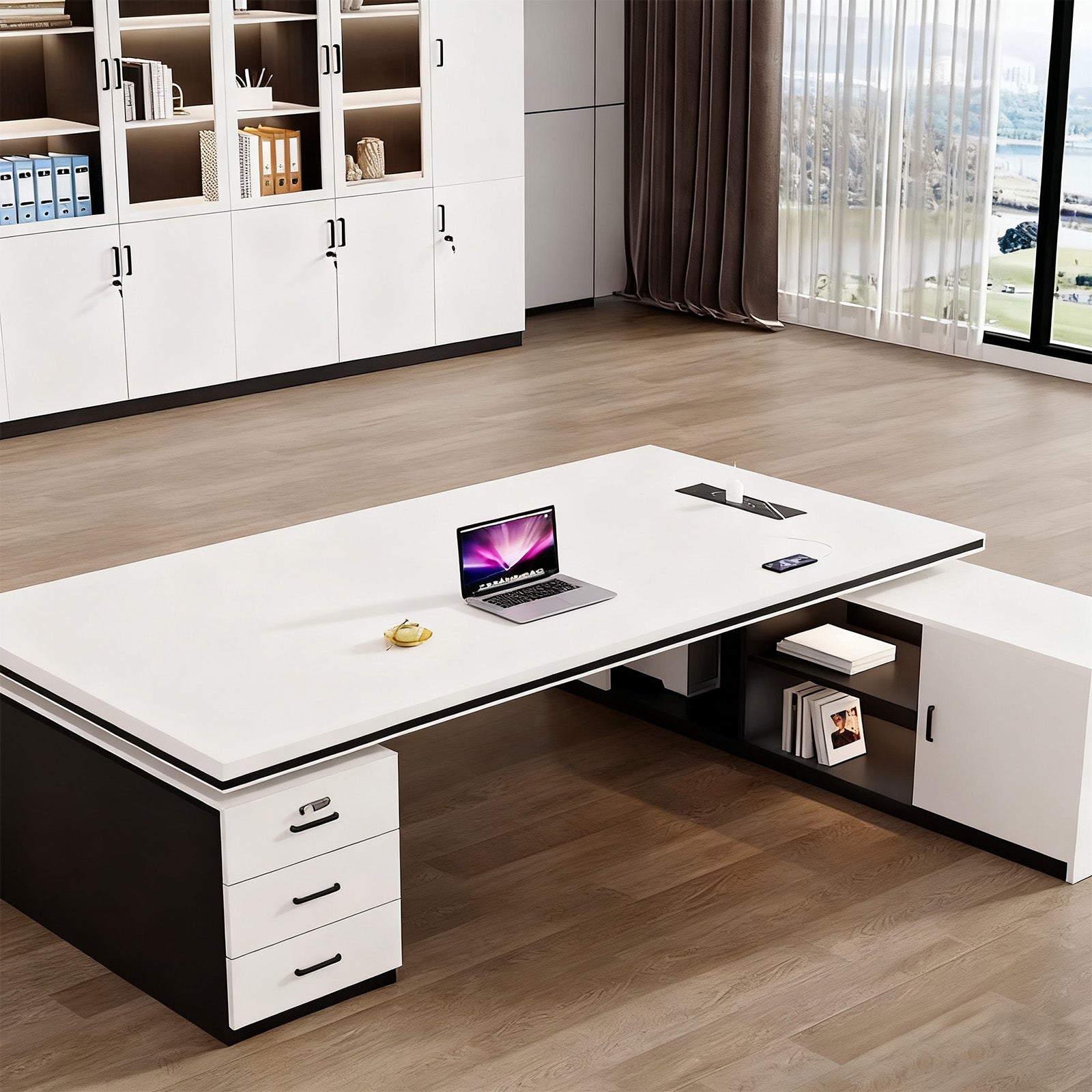 オフィスデスク　ワークデスク　パソコンデスク　デスク　会社用　エコ素材  パネル　配線孔　キャビネット　シンプル　BGZ-C105