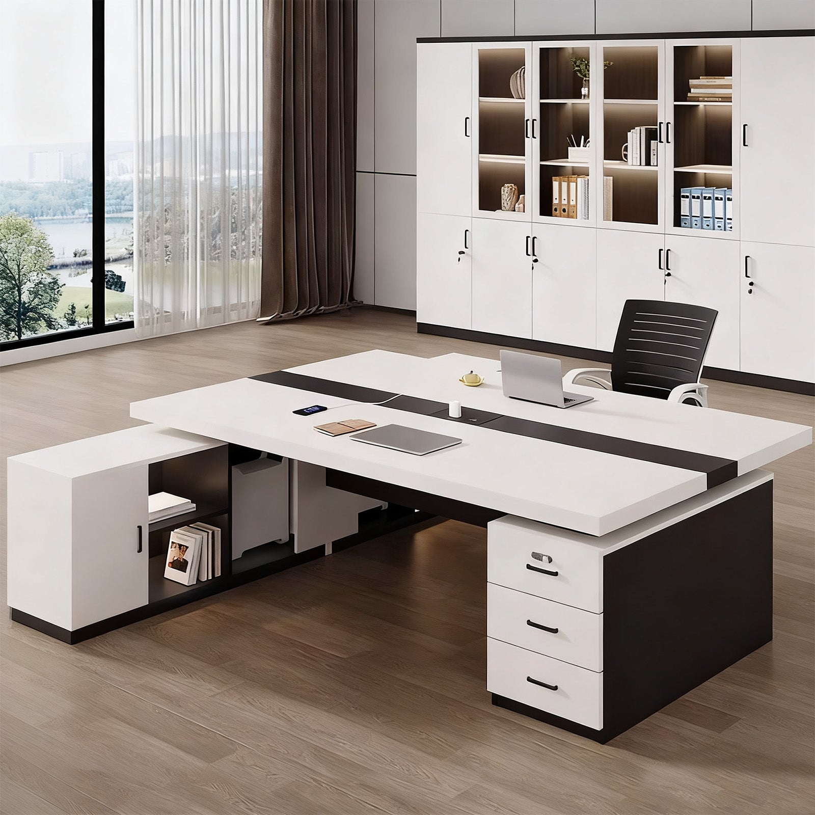 オフィスデスク　ワークデスク　パソコンデスク　デスク　会社用　エコ素材  パネル　配線孔　キャビネット　シンプル　BGZ-C105