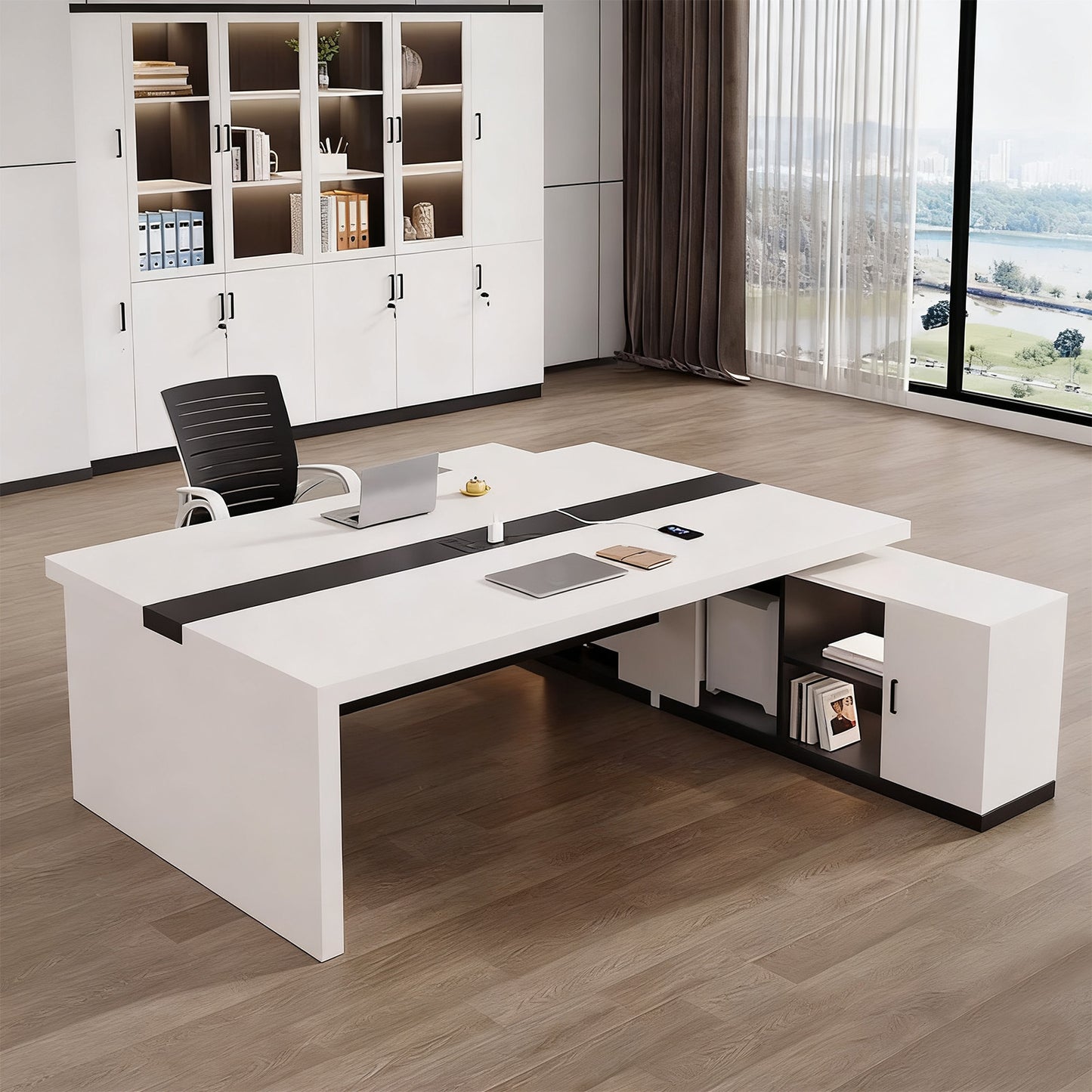 オフィスデスク　ワークデスク　パソコンデスク　デスク　会社用　エコ素材  パネル　配線孔　キャビネット　シンプル　BGZ-C105