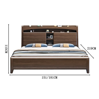 ベッド　キングサイズ　二人用　天然木　ウォールナット　コンセント付き　中華風　レトロ　快適　心地よい　抜群な収納力　BED-C032