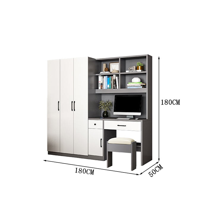 クローゼット　ワードローブ　壁面収納　デスク　収納棚　多段式　配線穴キャップ　エコ板材　上置き収納　物干し竿　大容量　多目的　機能的　ホワイト　グレー　カスタマイズ可能　YG-K010