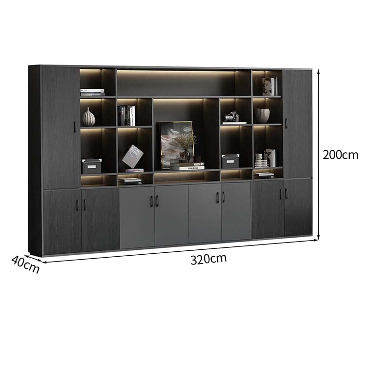 大容量　分類収納　オープン収納　扉付き収納　エコ板材　木目調　多段式　収納棚　キャビネット　収納キャビネット　オフィス用　上質　実用　グレー　カスタマイズ可能　CWG-K-123