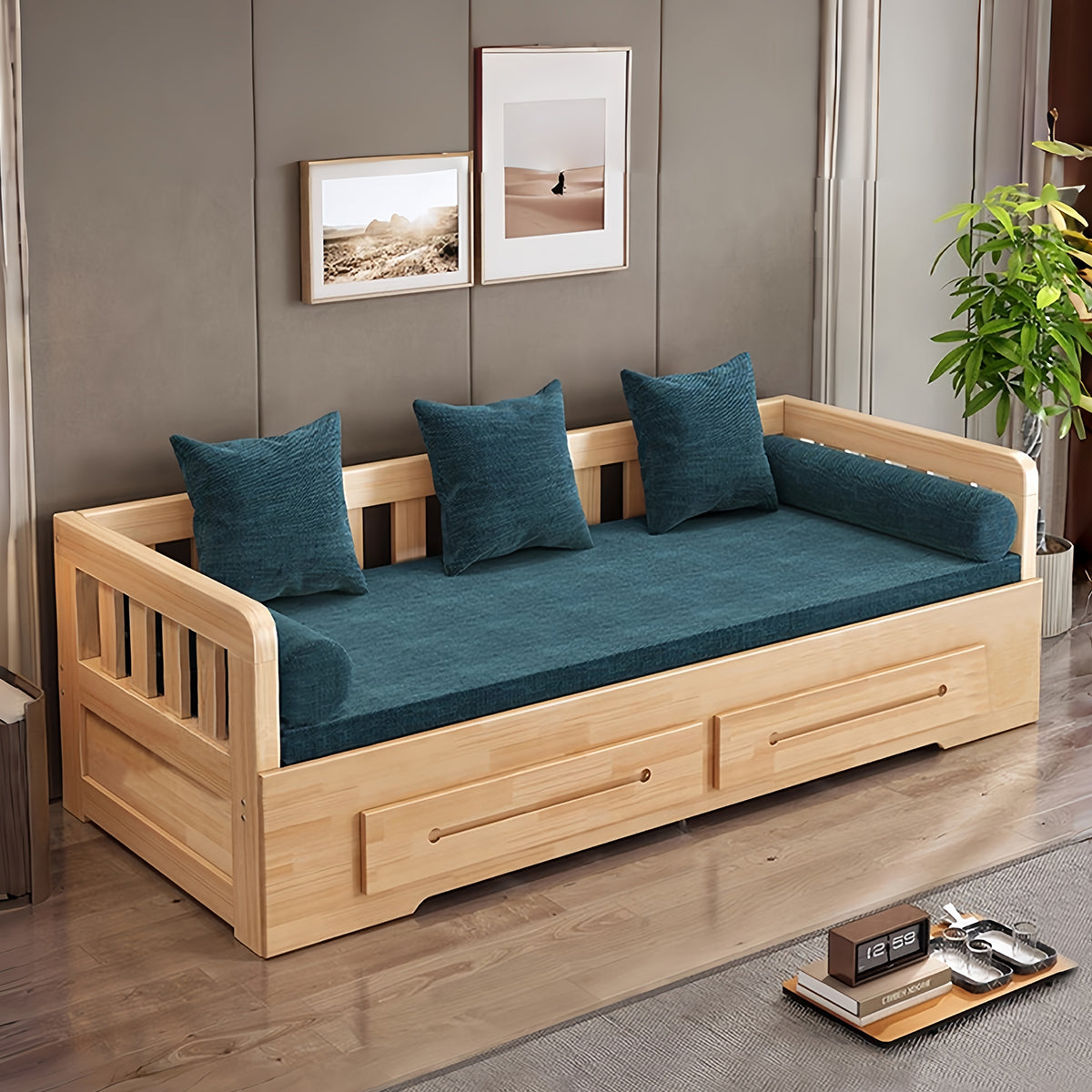 ソファー　ベッド　ソファーベッド　収納　引き出し　すのこ　天然パイン材　ゆとり　角丸加工　丸み　キャスター付き　コンパクト　使い勝手　カスタマイズ可能　SNSF-C058