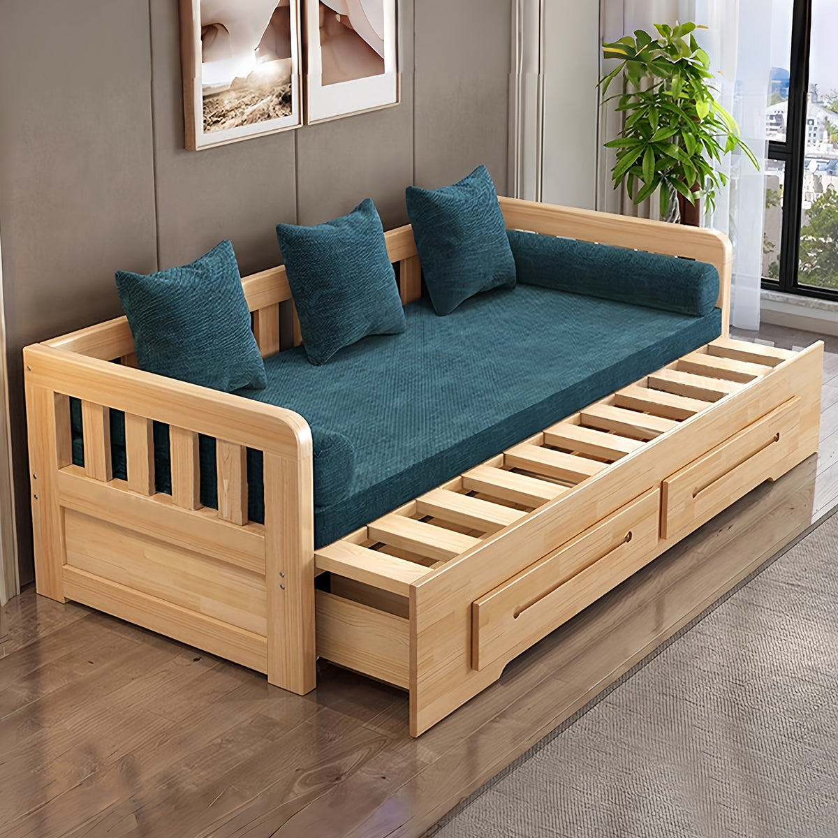 ソファー　ベッド　ソファーベッド　収納　引き出し　すのこ　天然パイン材　ゆとり　角丸加工　丸み　キャスター付き　コンパクト　使い勝手　カスタマイズ可能　SNSF-C058