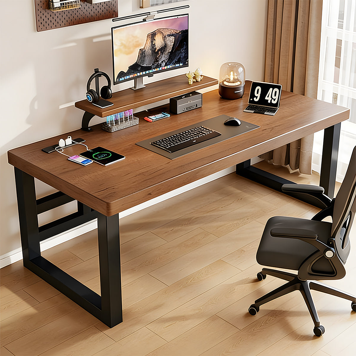 デスク　インドア　室内　パソコンデスク　天然木　広い天板　分厚い　モニター置き棚　炭素鋼フレーム　頑丈　口字型　安定性　落ち着き　重厚感　カスタマイズ可能　SNZ-C040