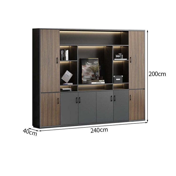 大容量　分類収納　オープン収納　扉付き収納　エコ板材　木目調　多段式　収納棚　キャビネット　収納キャビネット　オフィス用　上質　実用　グレー　カスタマイズ可能　CWG-K-123