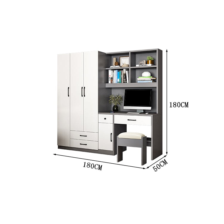 クローゼット　ワードローブ　壁面収納　デスク　収納棚　多段式　配線穴キャップ　エコ板材　上置き収納　物干し竿　大容量　多目的　機能的　ホワイト　グレー　カスタマイズ可能　YG-K010