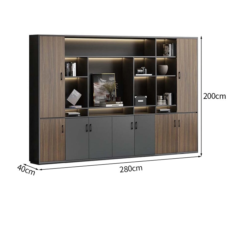 大容量　分類収納　オープン収納　扉付き収納　エコ板材　木目調　多段式　収納棚　キャビネット　収納キャビネット　オフィス用　上質　実用　グレー　カスタマイズ可能　CWG-K-123