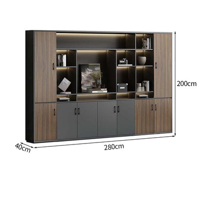 大容量　分類収納　オープン収納　扉付き収納　エコ板材　木目調　多段式　収納棚　キャビネット　収納キャビネット　オフィス用　上質　実用　グレー　カスタマイズ可能　CWG-K-123