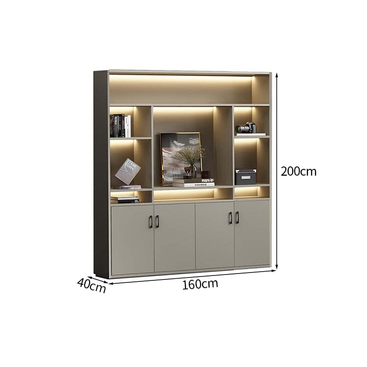 大容量　分類収納　オープン収納　扉付き収納　エコ板材　木目調　多段式　収納棚　キャビネット　収納キャビネット　オフィス用　上質　実用　グレー　カスタマイズ可能　CWG-K-123