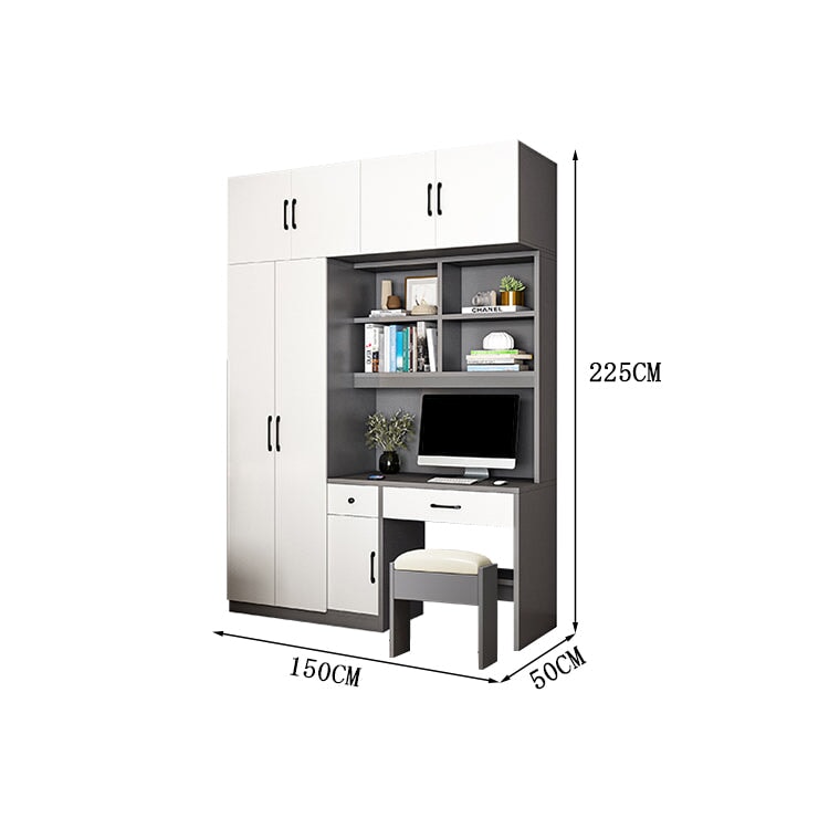 クローゼット　ワードローブ　壁面収納　デスク　収納棚　多段式　配線穴キャップ　エコ板材　上置き収納　物干し竿　大容量　多目的　機能的　ホワイト　グレー　カスタマイズ可能　YG-K010