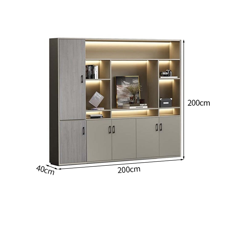 大容量　分類収納　オープン収納　扉付き収納　エコ板材　木目調　多段式　収納棚　キャビネット　収納キャビネット　オフィス用　上質　実用　グレー　カスタマイズ可能　CWG-K-123