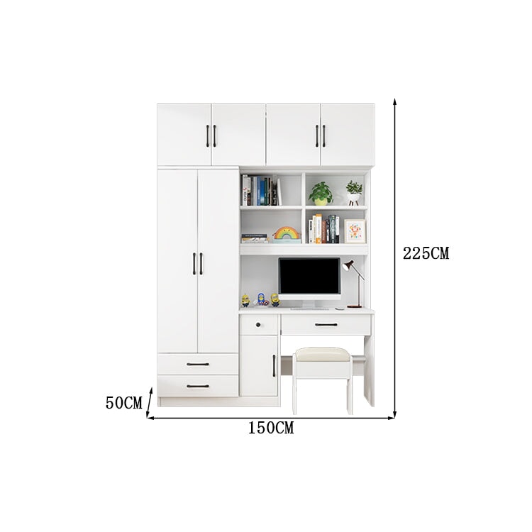 クローゼット　ワードローブ　壁面収納　デスク　収納棚　多段式　配線穴キャップ　エコ板材　上置き収納　物干し竿　大容量　多目的　機能的　ホワイト　グレー　カスタマイズ可能　YG-K010