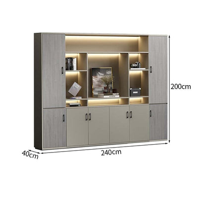 大容量　分類収納　オープン収納　扉付き収納　エコ板材　木目調　多段式　収納棚　キャビネット　収納キャビネット　オフィス用　上質　実用　グレー　カスタマイズ可能　CWG-K-123
