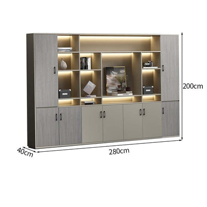 大容量　分類収納　オープン収納　扉付き収納　エコ板材　木目調　多段式　収納棚　キャビネット　収納キャビネット　オフィス用　上質　実用　グレー　カスタマイズ可能　CWG-K-123