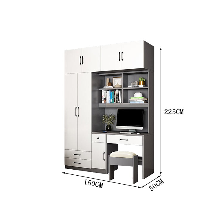 クローゼット　ワードローブ　壁面収納　デスク　収納棚　多段式　配線穴キャップ　エコ板材　上置き収納　物干し竿　大容量　多目的　機能的　ホワイト　グレー　カスタマイズ可能　YG-K010