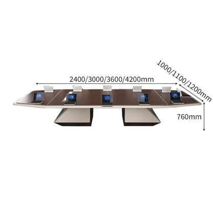 エコ板材　Ｒ仕上げ　二重天板　台形脚　安定性　重厚感　バイカラー　会議テーブル　テーブル　ミーティング　落ち着き　格調　レザー張り装飾　カスタマイズ可能　HYZ-C065