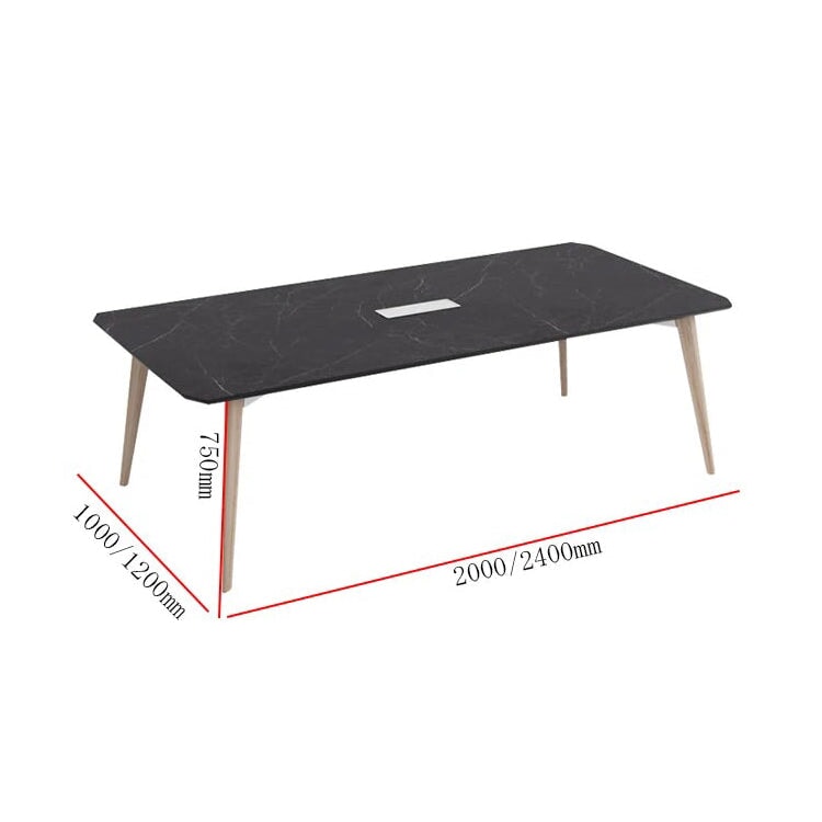 会議テーブル　オフィスデスク　大型オフィステーブル　長机　マーブル模様　天然木の脚　配線孔付き　ブラック　シンプル　カスタマイズ可能　CHICKAGU