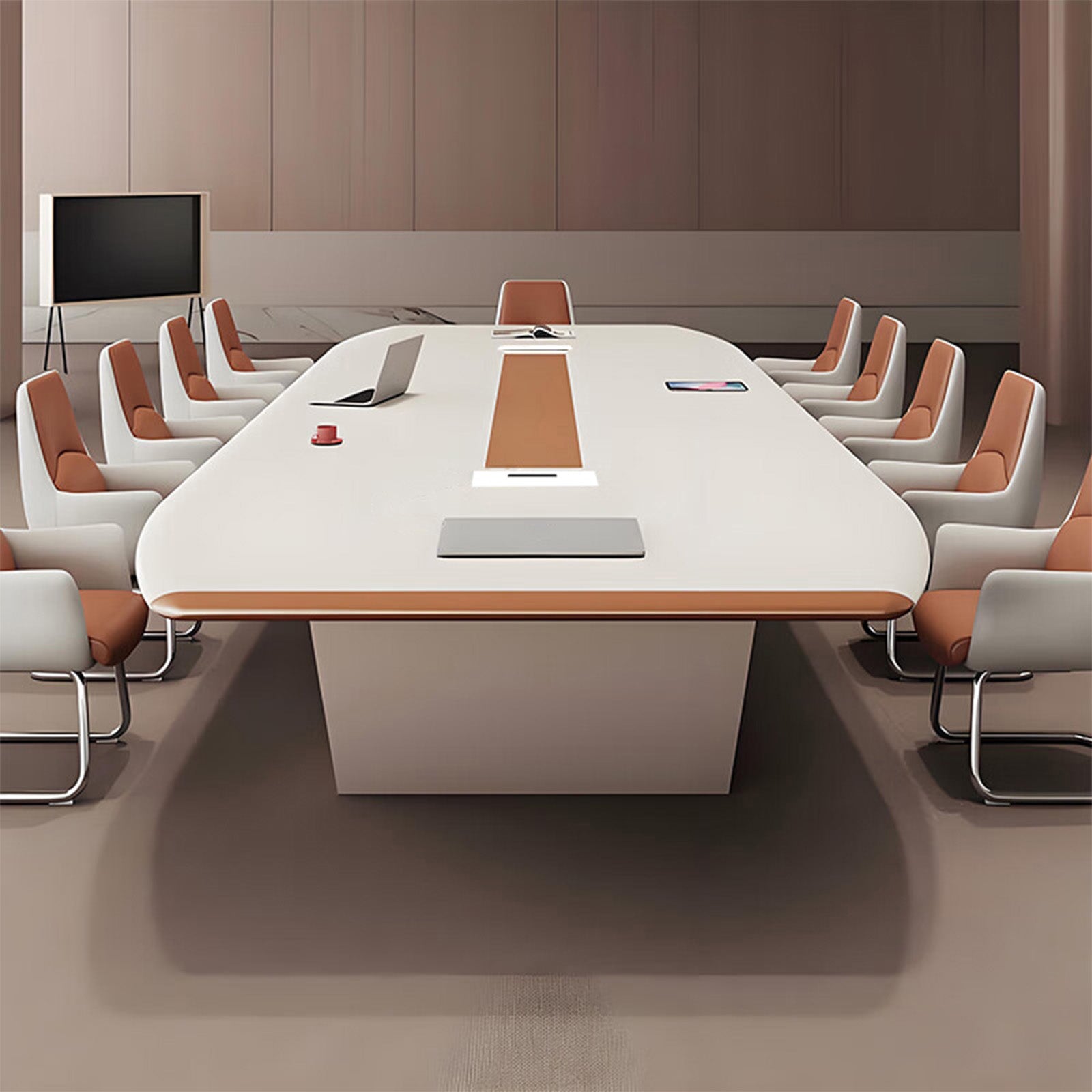 ミーティングテーブル　事務机　オフィスデスク　大型会議テーブル　厚さ　エコ素材　デザイン感　ホワイト　キャメル　SL-HYZ-030