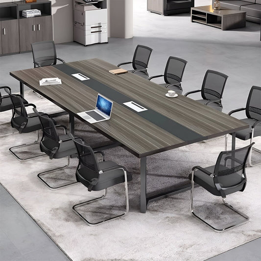 どっしり シンプル 木目調 配線ボックス 会議テーブル ミーティングテーブル メラミン化粧板 スチール オシャレ ホワイト ブラック グレー カスタマイズ可能 HYZ-K-036