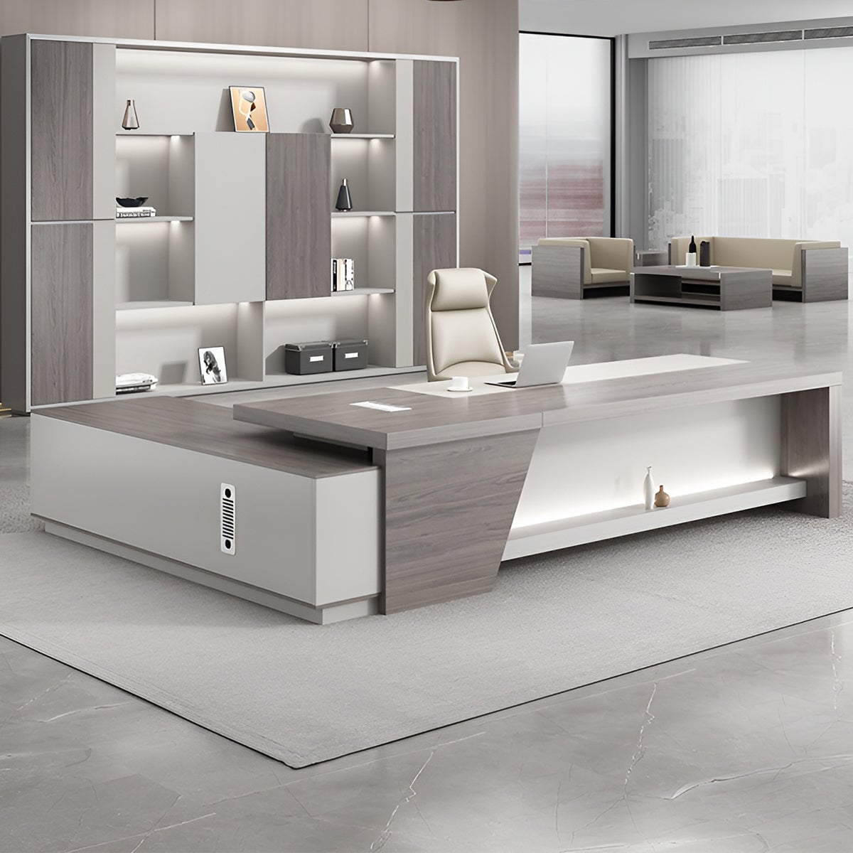 エグゼクティブデスク　オフィスデスク　役員机　ダイヤル錠　キャスター付き　排気口付き　L字型　配線ボックス付き　ブラウン　カスタマイズ可能　LBZ-K-040  