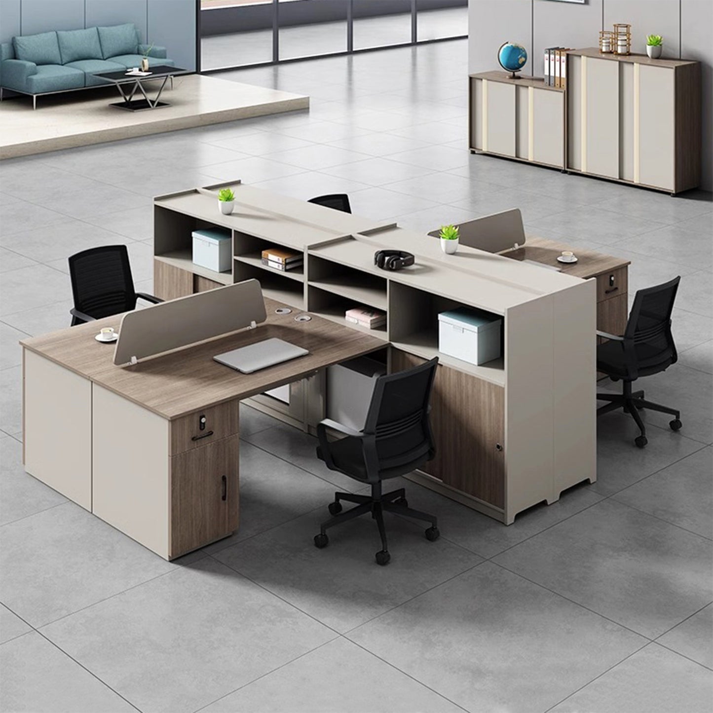 大容量収納　収納付きデスク　事務机　高級オフィスデスク　パーティション　サイドキャビネット　エコ板材　配線穴　オフィスデスク　エレガント　カスタマイズ可能　SL-BGZ-019