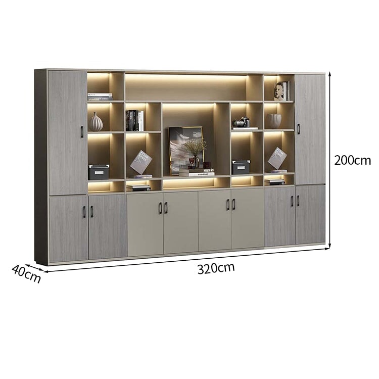 大容量　分類収納　オープン収納　扉付き収納　エコ板材　木目調　多段式　収納棚　キャビネット　収納キャビネット　オフィス用　上質　実用　グレー　カスタマイズ可能　CWG-K-123