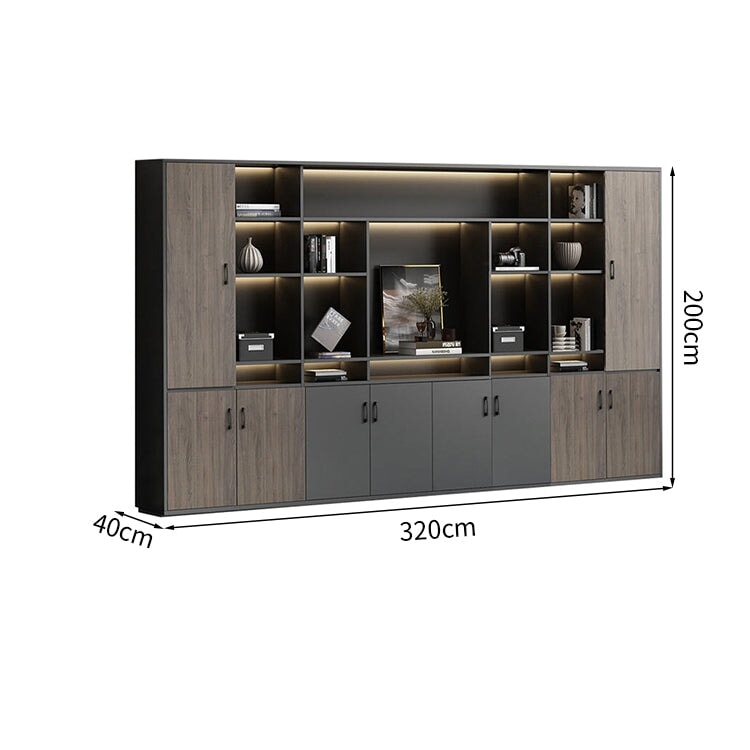 大容量　分類収納　オープン収納　扉付き収納　エコ板材　木目調　多段式　収納棚　キャビネット　収納キャビネット　オフィス用　上質　実用　グレー　カスタマイズ可能　CWG-K-123