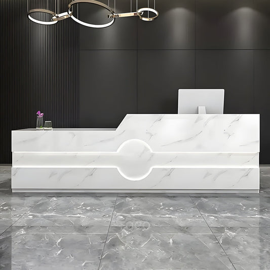 受付カウンター フロント レジカウンター カウンター LEDライト 配線穴 キーボードトレイ 引き出し 袖机 マーブル模様 カスタマイズ可能 JDT-K-112