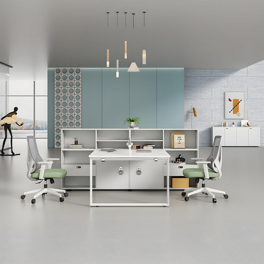 パソコンデスク　収納付きデスク　大容量の収納　パーティション付き　事務机　ワークデスク　コンパクトデスク　オフィスデスク　PCの通気孔　高級感　ホワイト　MG-BGZ-LLS15