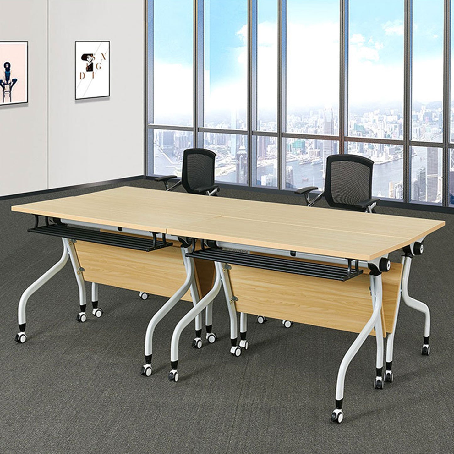 会議テーブル　木目調　ミーティングテーブル　会議室用テーブル　折り畳み式　スチールフレーム　シンプル　パーチクルボード　HYZ-C083