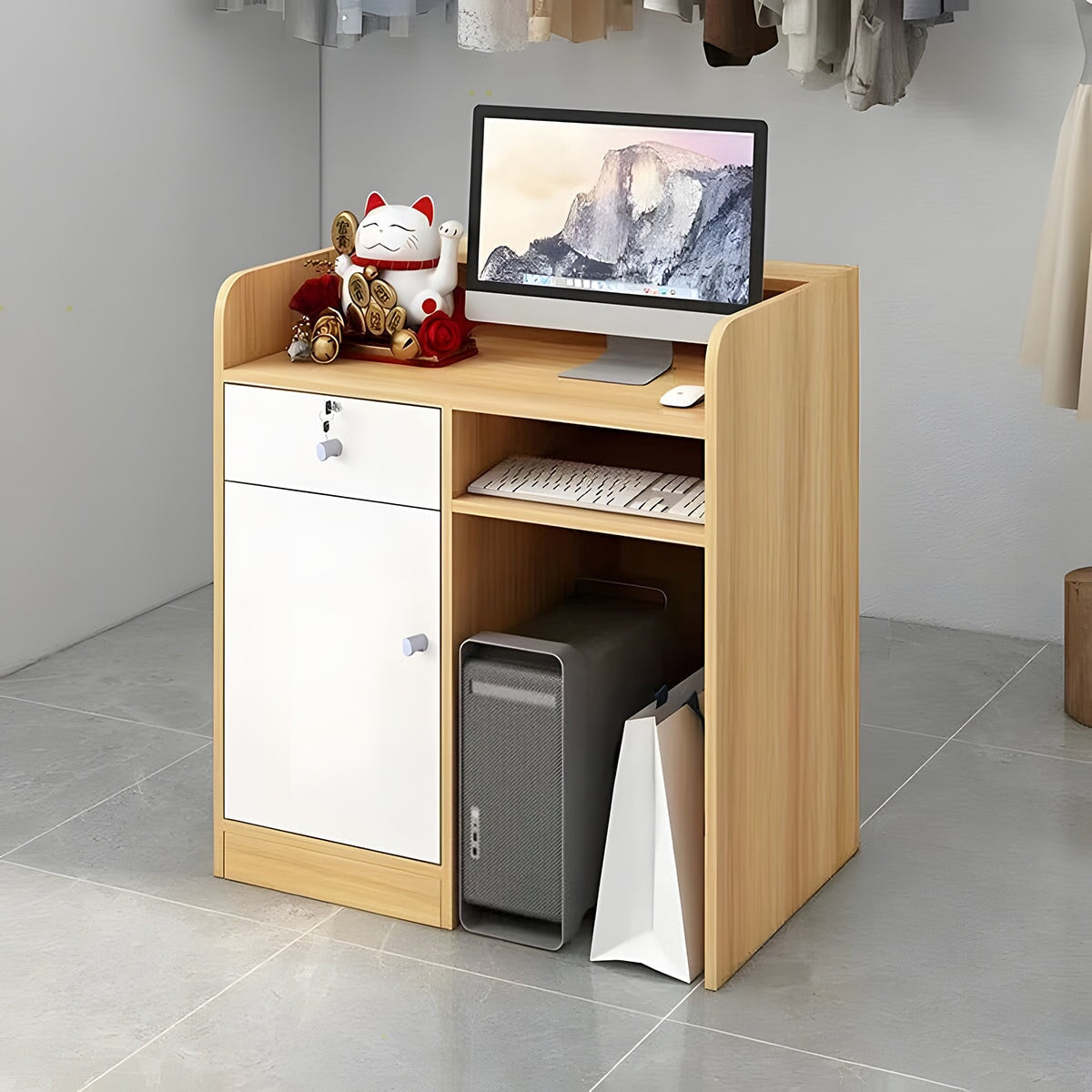 受付カウンター　受付台　オフィス受付　レジカウンター　作業台　店舗用　鍵付き引き出し　キャビネット　配線穴付き　木目調　カスタマイズ可能　JDT-K-100  kaguyasu