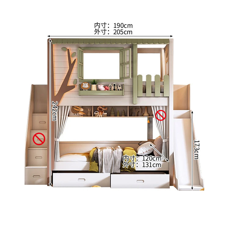 二段ベッド　キッズベッド　木製二段ベッド　子供部屋用家具　ツリーハウスデザイン　厚手マツ無垢床板　落下防止全方位保護　高い耐荷重　ホワイト　SCC-S079