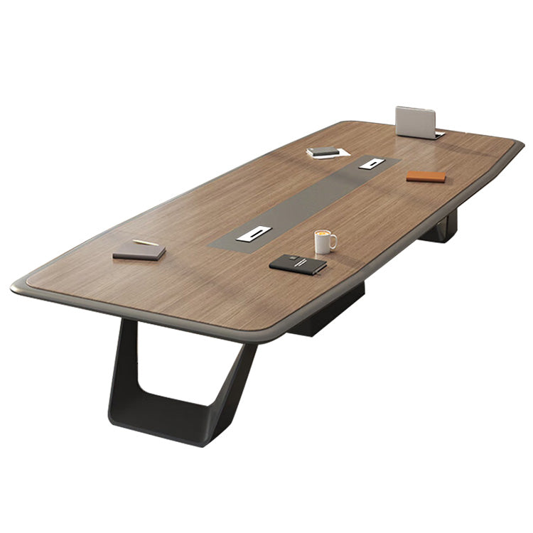 事務机　木目調　オフィスデスク　ミーティングテーブル　大型会議テーブル　R加工　配線ボックス　ナチュラル　グレー　高級感　SL-HYZ-041