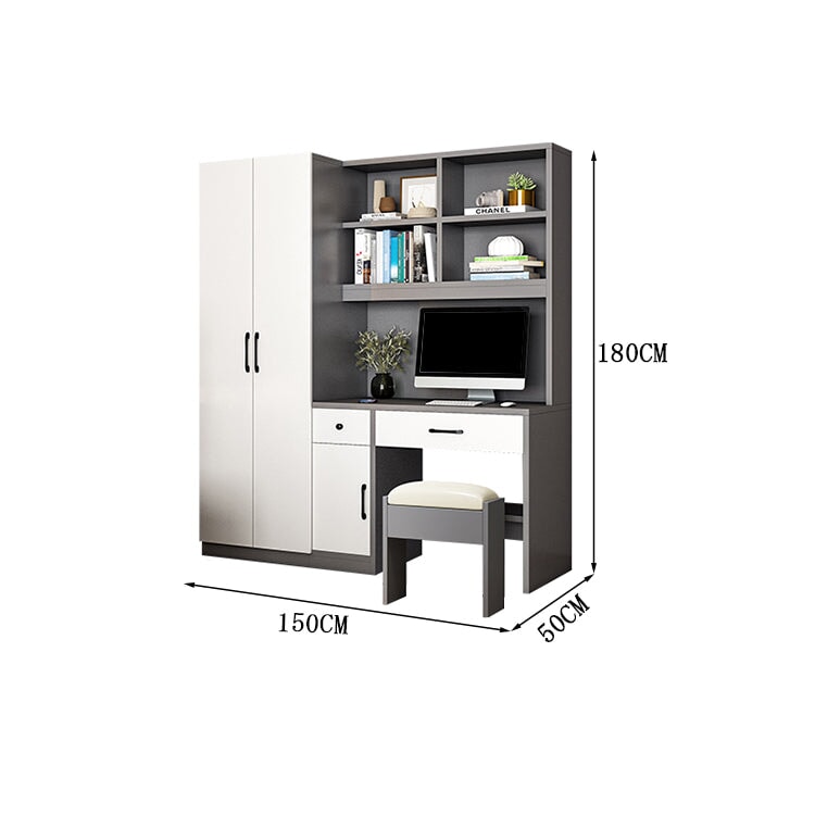 クローゼット　ワードローブ　壁面収納　デスク　収納棚　多段式　配線穴キャップ　エコ板材　上置き収納　物干し竿　大容量　多目的　機能的　ホワイト　グレー　カスタマイズ可能　YG-K010