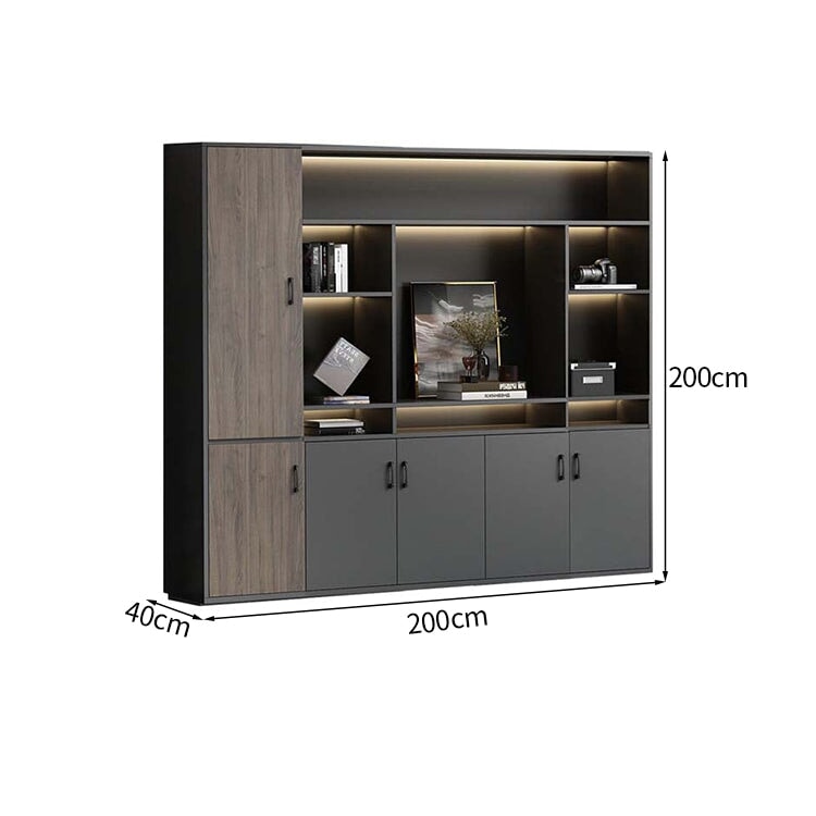 大容量　分類収納　オープン収納　扉付き収納　エコ板材　木目調　多段式　収納棚　キャビネット　収納キャビネット　オフィス用　上質　実用　グレー　カスタマイズ可能　CWG-K-123