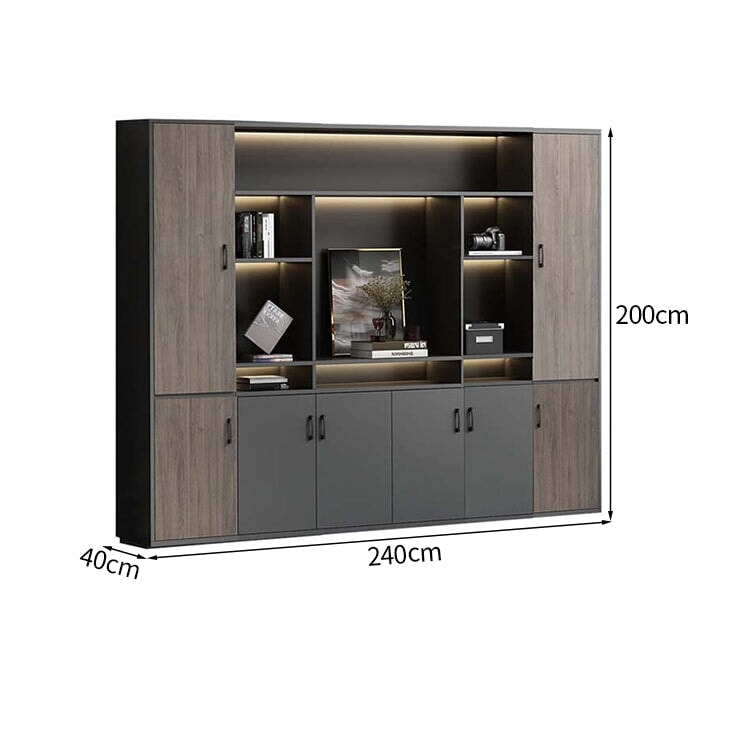 大容量　分類収納　オープン収納　扉付き収納　エコ板材　木目調　多段式　収納棚　キャビネット　収納キャビネット　オフィス用　上質　実用　グレー　カスタマイズ可能　CWG-K-123