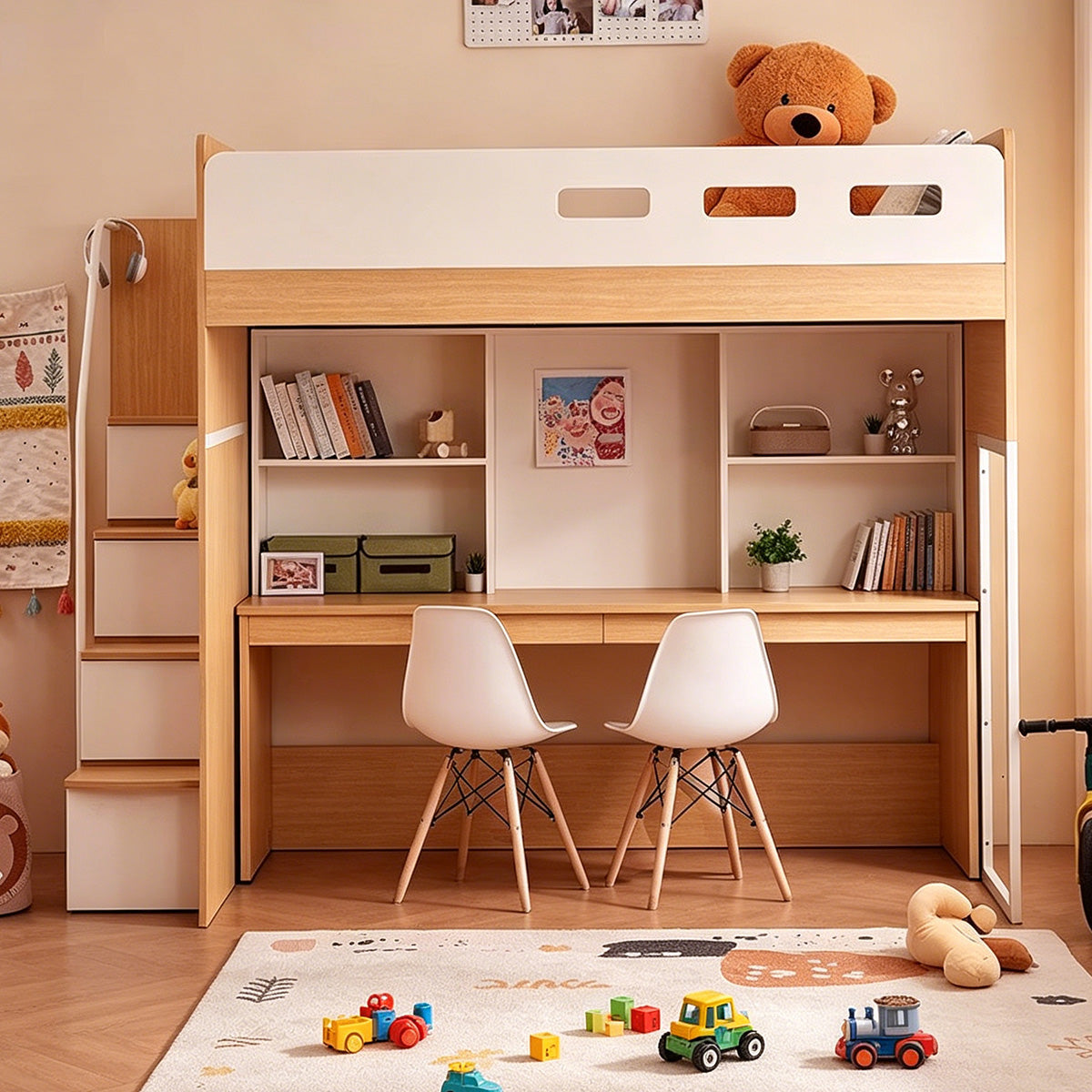 二段ベッド　子供用二段ベッド　寝具　落下防止ガード　階段　収納スペース　引き出し　多機能　おしゃれ　Ｒ加工　カスタマイズ可能　SCC-C088